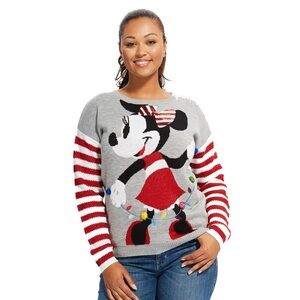 Disney Women's Gray and Red Minnie Mouse Sweater